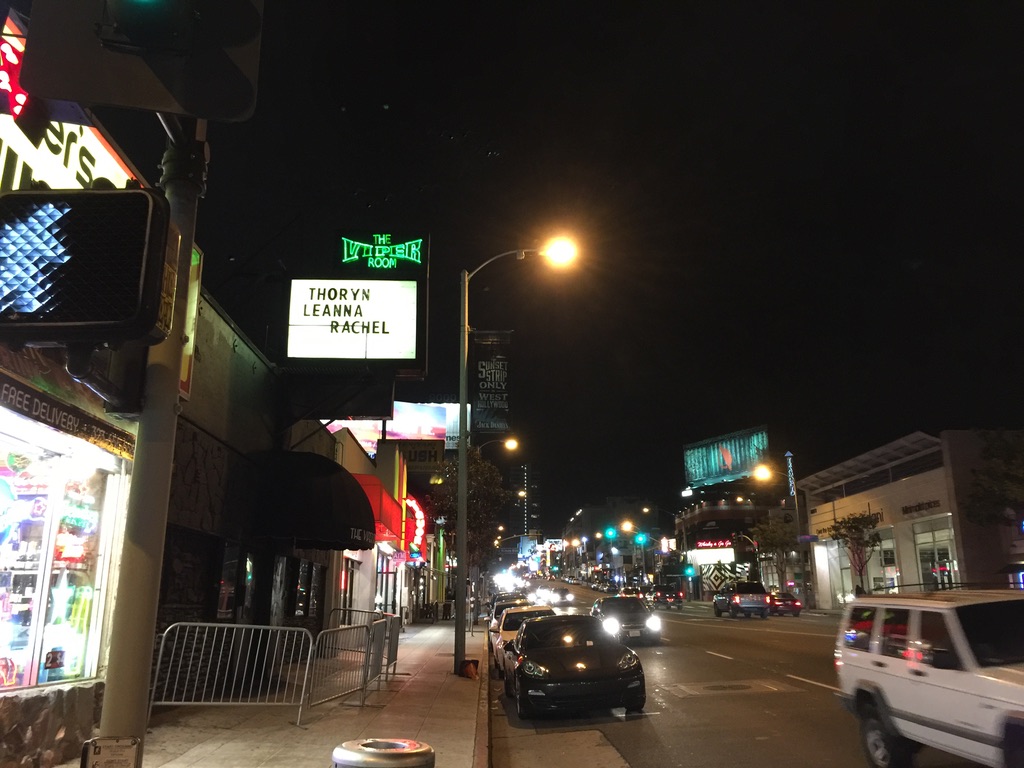 The Viper Room marquee on Sunset Strip reading THORYN, LEANNA, RACHEL